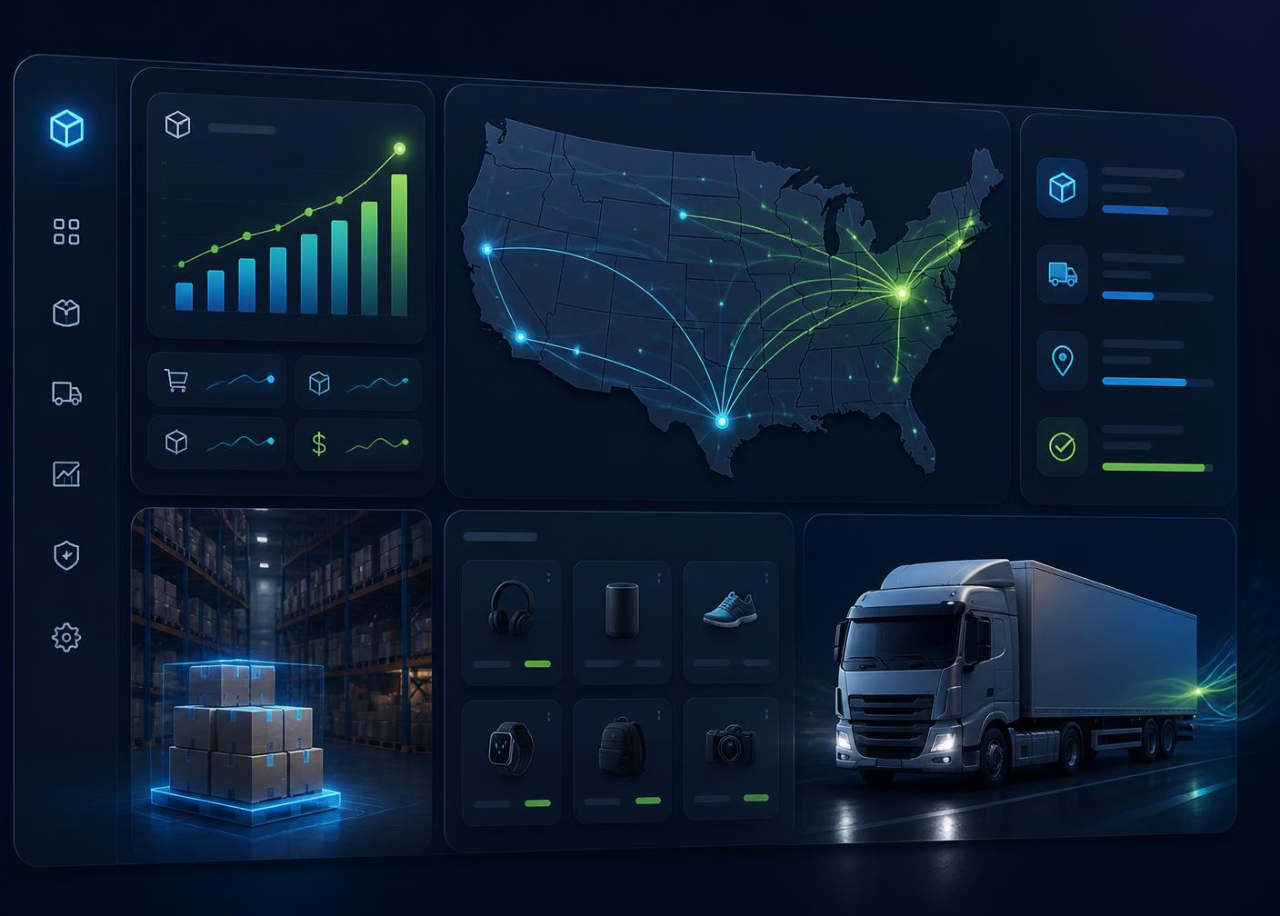 Tushar Store warehouse dashboard showing US shipping routes, live order analytics, and same-day fulfillment